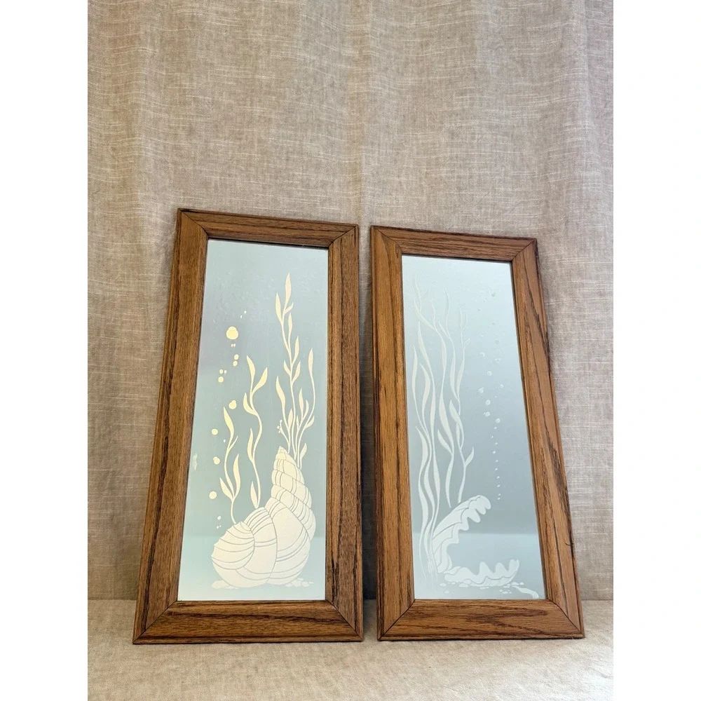 Vintage Etched Glass Wall Art, Mid Century Seashell & Clam Coastal Decor Set